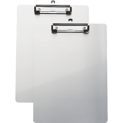 Deux presse-papiers en aluminium argenté sur fond blanc.