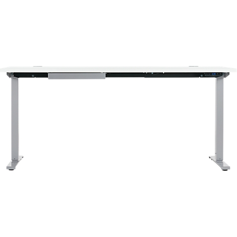 Un bureau blanc réglable en hauteur sur fond blanc. Des pieds argentés et un tiroir sont visibles.