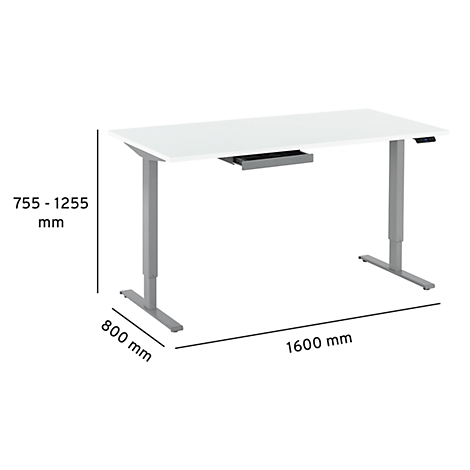 Un bureau blanc réglable en hauteur avec des pieds gris et des dimensions indiquées. Hauteur 755 - 1255 mm, longueur 1600 mm, largeur 800 mm.