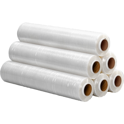 Plusieurs rouleaux de film étirable transparent empilés sur un fond blanc.