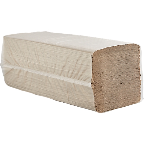 Un paquet rectangulaire d'essuie-mains dans un emballage plastique de couleur naturelle. Les serviettes sont pliées et visibles.