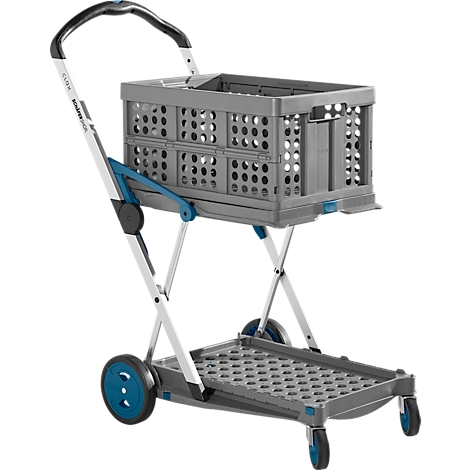 Chariot de courses pliable gris avec caisse grise, cadre et roues bleus. Poignée noire en haut.