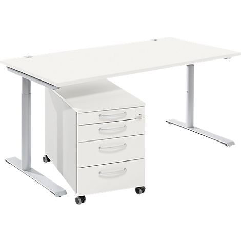 Bureau blanc réglable en hauteur avec caisson à tiroirs. Le bureau repose sur deux pieds argentés.