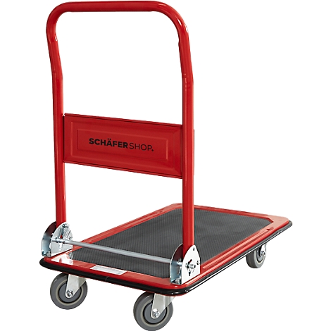 Chariot de transport rouge avec surface de chargement noire, logo 'Schäfershop'.
