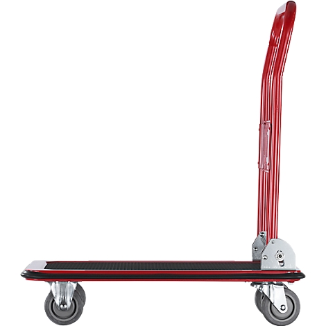 Chariot à main rouge avec plateforme et poignée. Il a deux paires de roues et est sur fond blanc.