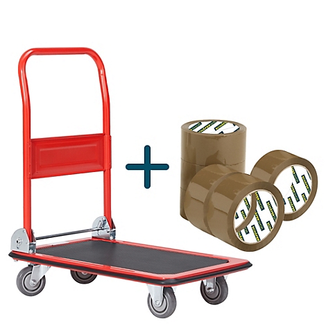Chariot à main rouge avec rubans adhésifs bruns, un signe plus relie les éléments.