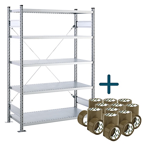 Étagère avec rubans adhésifs. L'étagère comporte plusieurs niveaux, avec des rubans adhésifs à droite.
