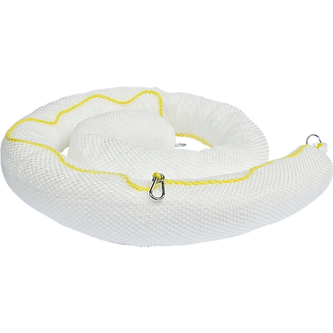 White, hose-shaped object with yellow seams and metal eyelets.