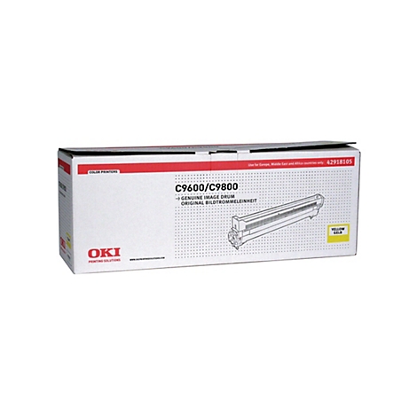 Un emballage pour un tambour d'imagerie OKI, sur fond blanc. L'emballage indique C9600/C9800 et YELLOW/GELB.