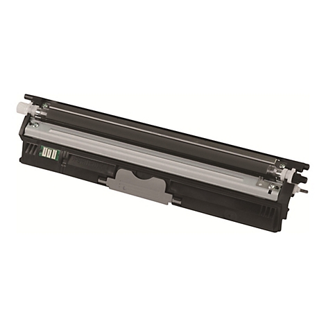 Cartouche de toner noire, vue en diagonale d'en haut, sur fond blanc. Des détails tels que des rouleaux et des éléments gris sont visibles.