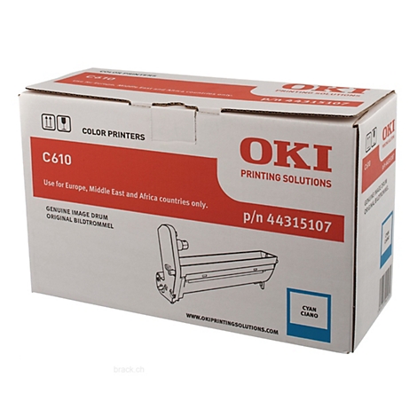 Un emballage produit de la marque OKI. Sur l'emballage, il est écrit "C610", "COLOR PRINTERS", "GENUINE IMAGE DRUM". Une zone de couleur cyan est représentée sur le côté.