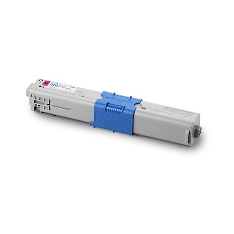 Toner d'imprimante gris avec clip bleu et logo cercle rose.