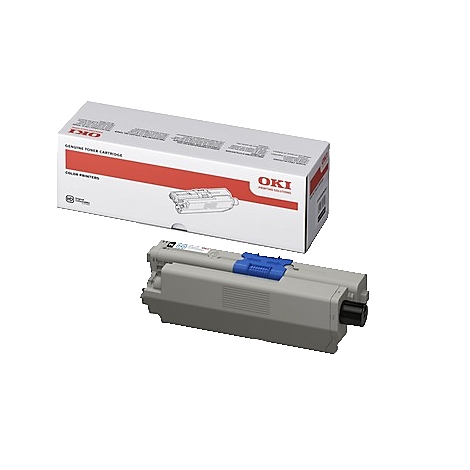 Cartouche de toner grise avec éléments bleus et emballage avec bande rouge et logo OKI.