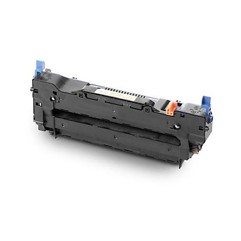 Cartouche de toner noire, vue de dessus, détails tels que des éléments bleus et orange.