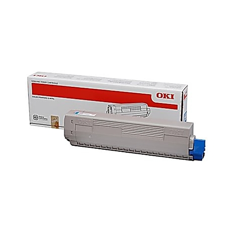 Une cartouche de toner OKI en gris et bleu avec emballage. L'emballage indique "OKI" et "Genuine Toner Cartridge".