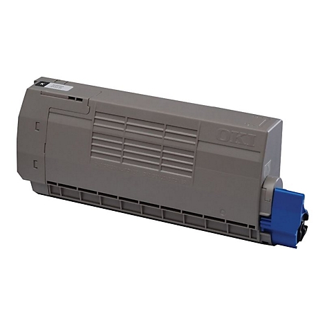 Cartouche de toner OKI grise avec connecteur bleu, sur fond blanc.