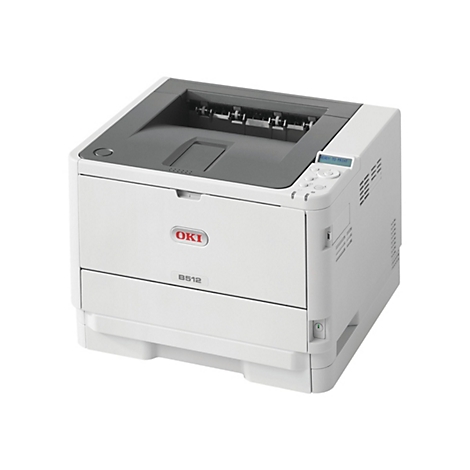 Ein weißer Drucker OKI B512; „Ready to Print“ Anzeige.