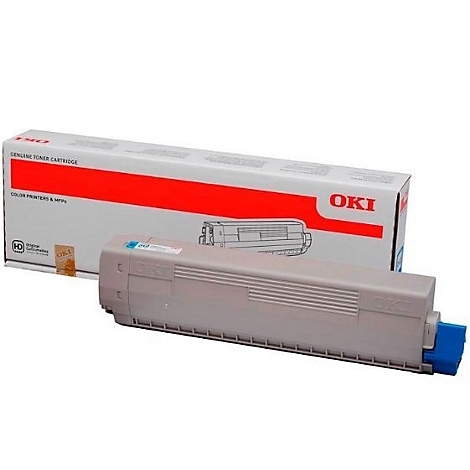 Eine OKI-Tonerpatrone und Verpackung. Die graue Patrone liegt vor der weißen Schachtel mit rotem Streifen und OKI-Logo.