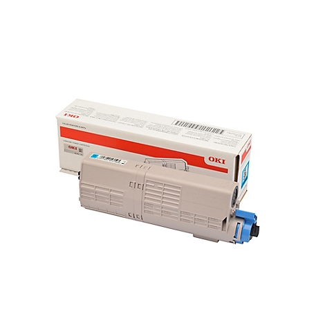 Hellgraue OKI-Toner-Patrone mit blauer Spitze und Verpackung vor weißem Hintergrund.