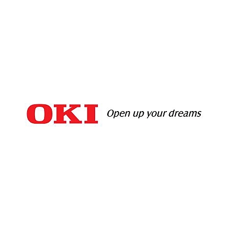 OKI-Logo in Rot mit Schriftzug "Open up your dreams" auf weißem Hintergrund.