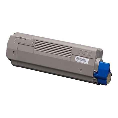 Grauer OKI-Toner mit blauem Einsatz. Aufschrift: OKI. Etikett mit Barcode.