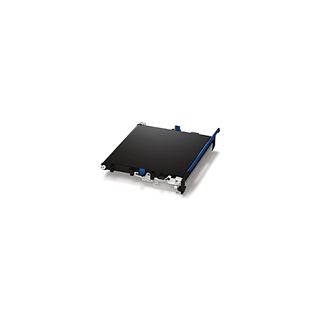 Schwarze Papierkassette für Drucker mit blauen Griffen.