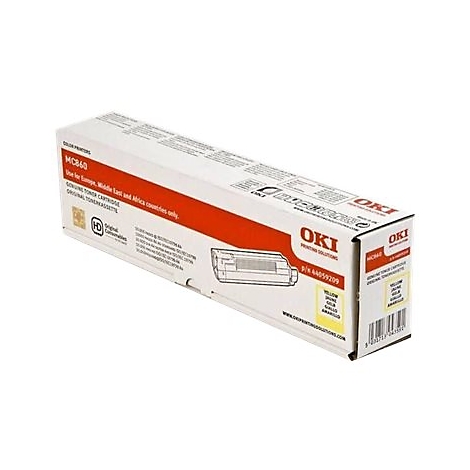 Eine rechteckige OKI-Toner-Kartusche, verpackt. Weißer Karton mit rotem Band, gelber Schrift: 'MC860'.