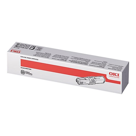 Eine weiße OKI-Toner-Kartuschenbox, rot markiert. Text: Genuine Toner Cartridge, Color Printers, OKI.