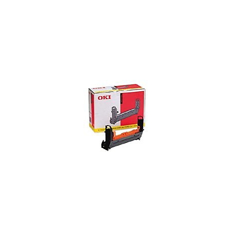 Eine Oki-Druckerpatrone mit Verpackung, die eine rote und weiÃŸe Farbgebung aufweist. Die Patrone selbst ist schwarz und orange.