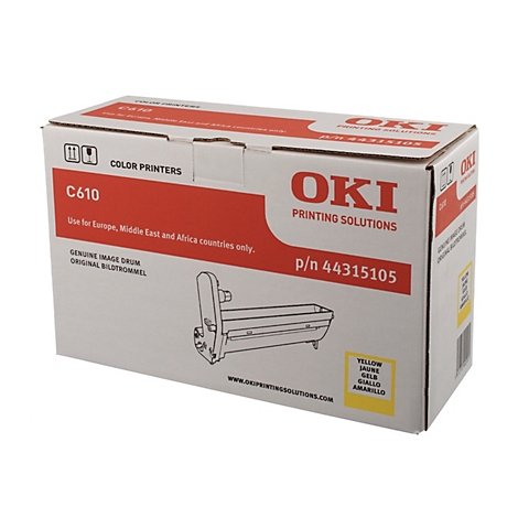 Eine rechteckige Kartonverpackung für einen Farbdrucker der Marke OKI. Auf der Verpackung sind der Produktname C610, Logos und Produktinformationen aufgedruckt. Auf der rechten Seite sind gelbe Aufkleber mit Übersetzungen.