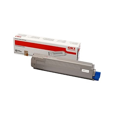 Grauer OKI Toner mit Verpackung, rote Akzente. Aufschrift: OKI. Blaue Elemente am Toner.