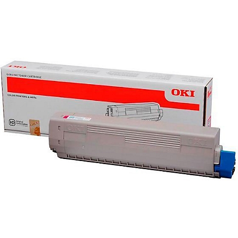 Ein grauer OKI-Toner mit blauer Spitze und eine Verpackung im Hintergrund. Auf der Verpackung steht "OKI" und "Genuine Toner Cartridge".