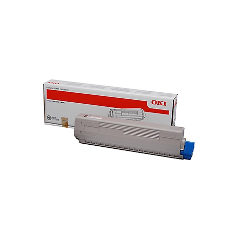 Eine graue OKI-Tonerpatrone mit blauen Akzenten, daneben die dazugehörige Verpackung.