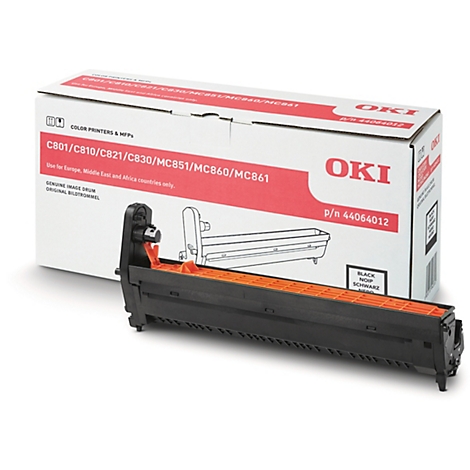 Schwarze und orangefarbene Tonerkartusche mit Box, Produktnamen und P/N 44064012.