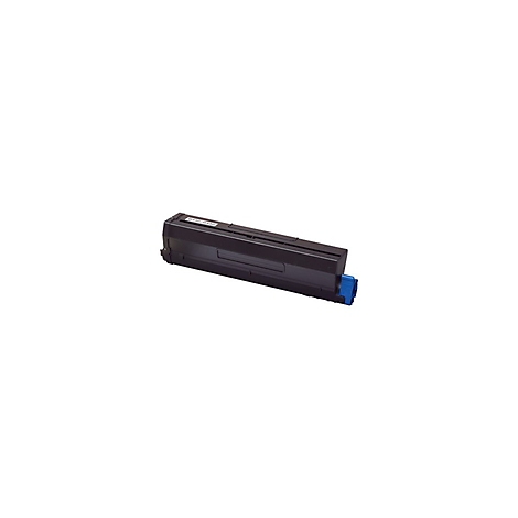 Schwarze Tonerkartusche, dunkelgraues Gehäuse, blaue Akzente.