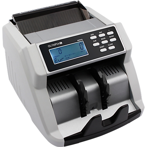 Grey banknote counting machine, with LCD display, showing 0 Euros.
