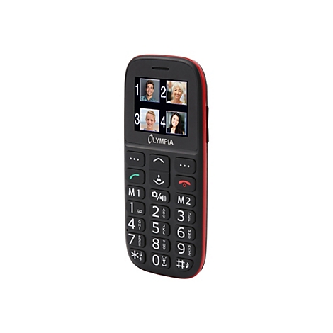 Ein schwarzes Mobiltelefon mit großen Tasten und rotem Rand. Auf dem Bildschirm sind vier Personen in kleinen Bildern zu sehen. Das Telefon hat die Aufschrift "Olympia".
