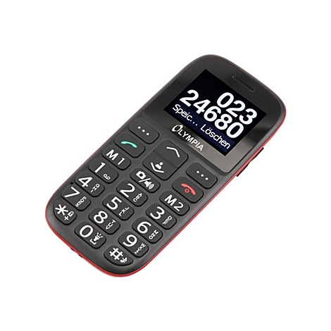 Schwarzes Olympia-Mobiltelefon mit großen Tasten und rotem Rand. Auf dem Display steht eine Nummer. 