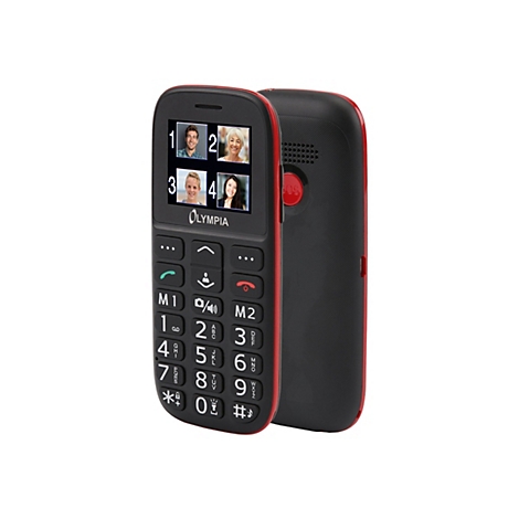 Schwarzes Senioren-Handy mit roten Akzenten. Auf dem Display sind vier Fotos zu sehen. SOS-Taste auf der Rückseite.