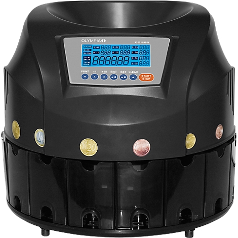 Black coin counter with blue display and coins in various colors.