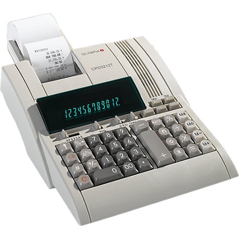 Grey Olympia calculator with paper output, green display with numbers, and buttons.