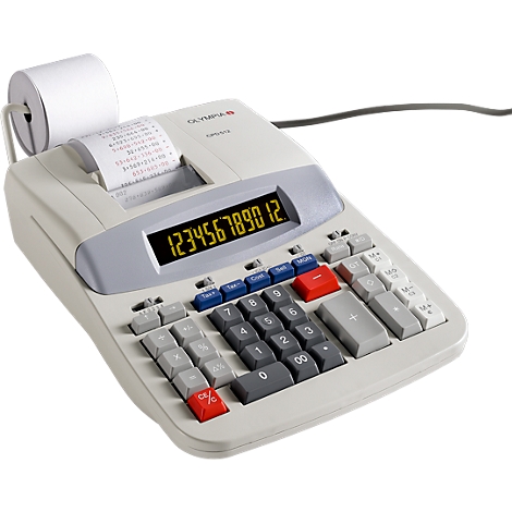 Gray calculator with paper roll and display, on which numbers. Keys in gray, blue and red.