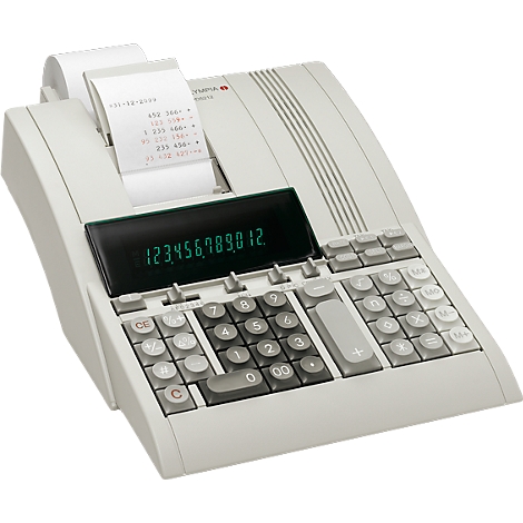 Cash register with paper roll and green number display.
