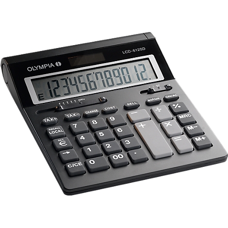 Dark grey calculator with white lettering displaying the number 123456789012. "OLYMPIA LCD-612SD" is written at the top.