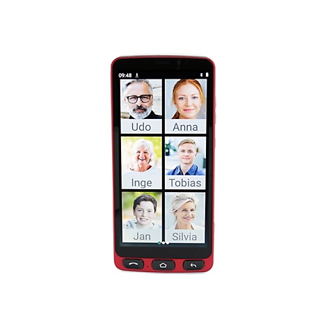 Ein rotes Smartphone zeigt ein Video-Gespräch mit sechs Personen: Udo, Anna, Inge, Tobias, Jan und Silvia.