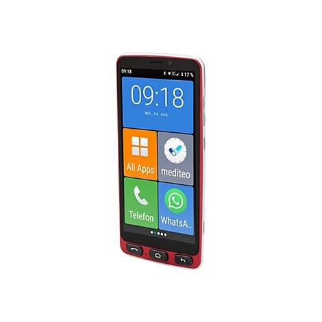 Rotes Smartphone mit großem Display. Uhrzeit 09:18, Icons für Apps, Telefon und WhatsApp. Batterieanzeige 17%.