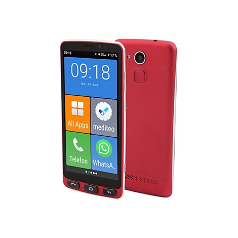 Rotes Smartphone mit großem Display, Uhrzeit 09:18, App-Icons. Das Telefon steht neben seiner Rückseite.