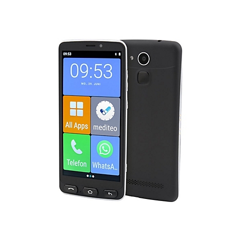 Schwarzes Smartphone mit großem Display. Uhrzeit: 09:53, Datum: 29. Juni. App-Icons: Telefon, WhatsApp, Mediteo.