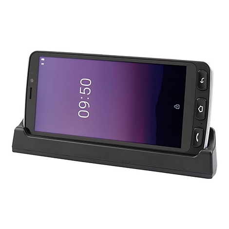 Schwarzes Smartphone in schwarzer Dockingstation, Uhrzeit 09:50 auf dem Bildschirm angezeigt.