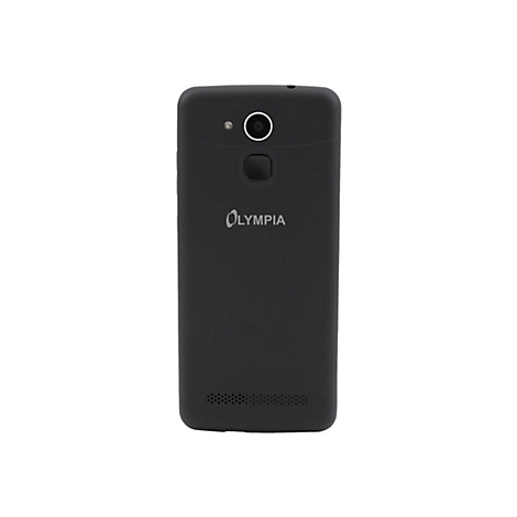 Schwarzes Olympia-Handy. Rückseite mit Kamera, Logo und Lautsprecher.